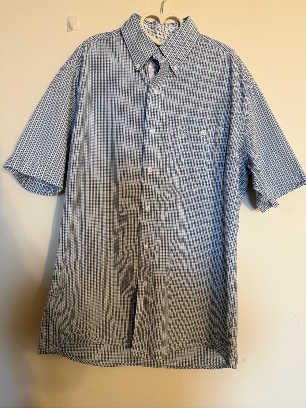 Wrangler Blue and White Check Short-Sleeve Button-Down Shirt